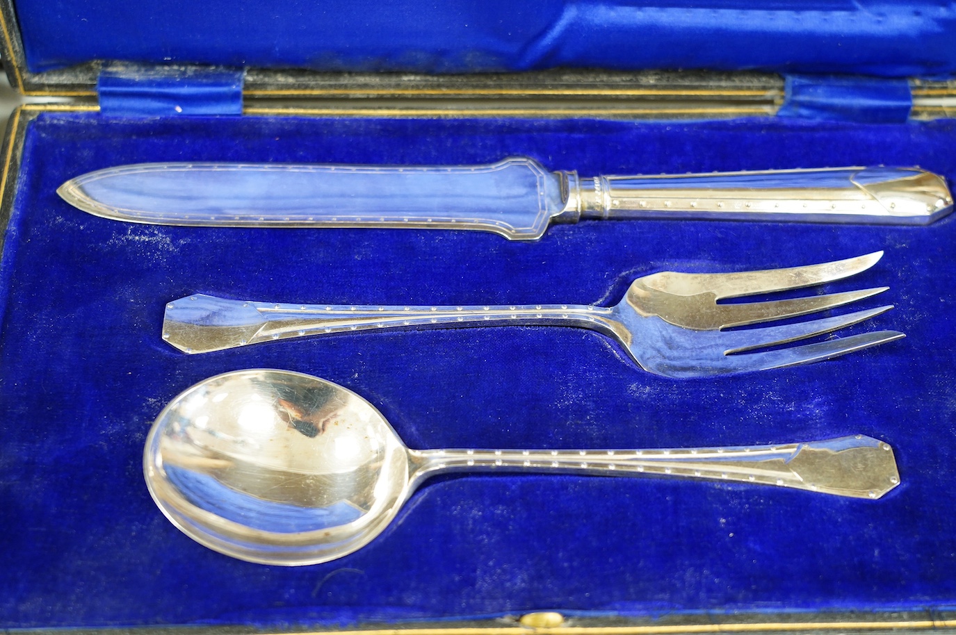 A cased set of six silver handled tea knives and six other cased plated sets. Condition - fair